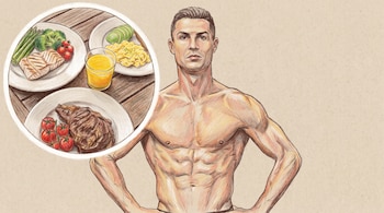 Ilustración a color de Cristiano Ronaldo con torso desnudo. Círculo muestra salmón, espárragos, brócoli, tomates cherry, huevos revueltos, aguacate, jugo de naranja, carne asada.
