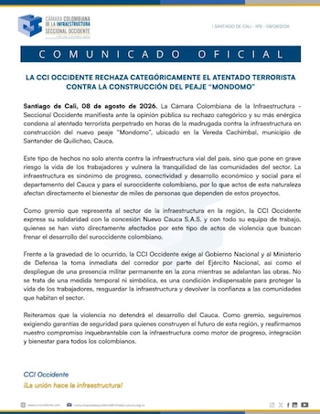 La Cámara Colombiana de la Infraestructura Seccional Occidente pidió una presencia militar permanente para proteger las obras, a los trabajadores y a las comunidades del corredor - crédito CCI