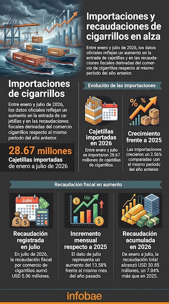 Infografía con ilustraciones de buques portacontenedores, paquetes de cigarrillos, calendarios, gráficos estadísticos y bolsas de dinero.