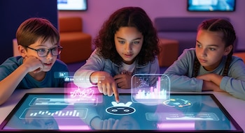 Tres niños concentrados, dos niñas y un niño con gafas, observan y una de las niñas toca una pantalla táctil con hologramas de Inteligencia Artificial.