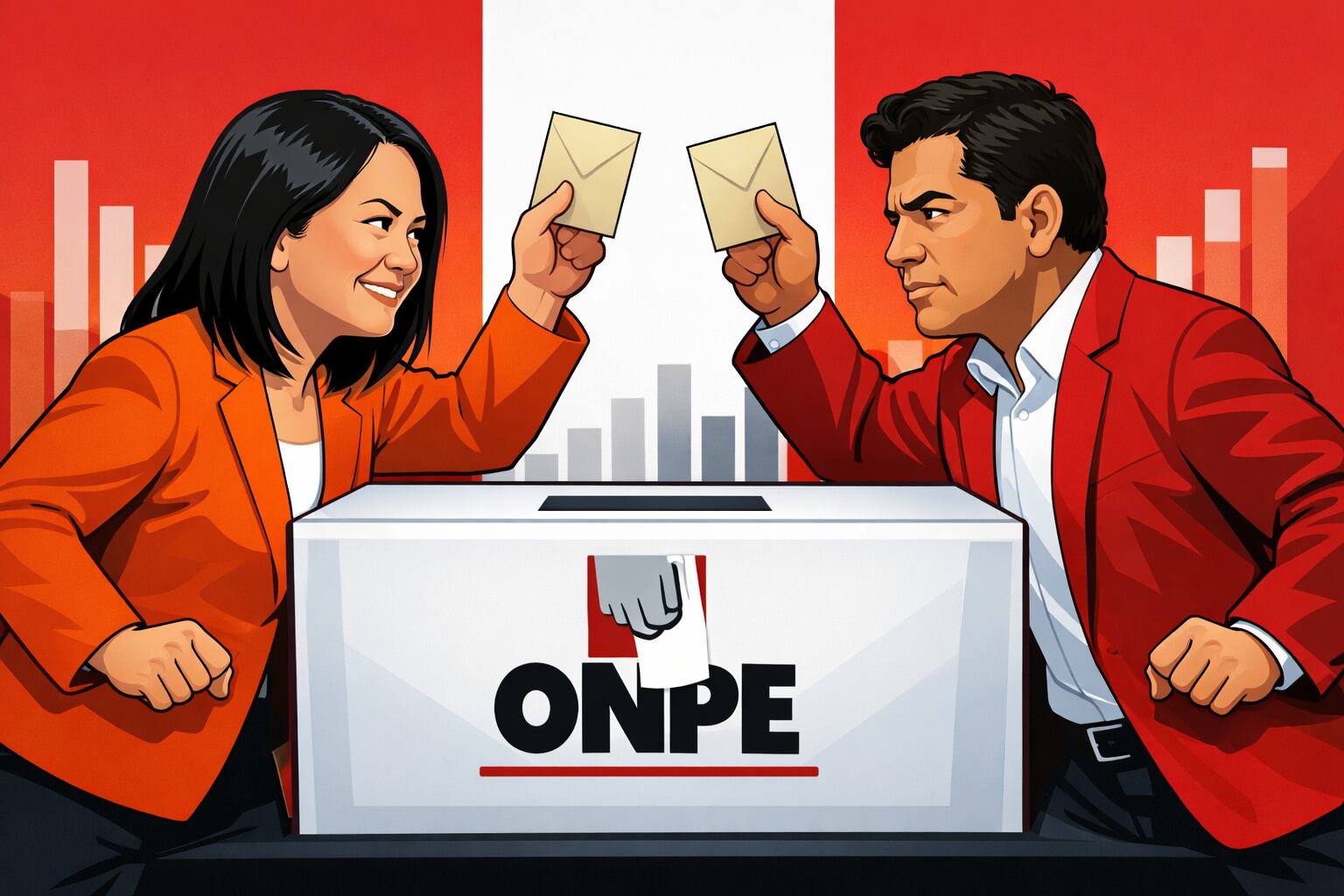 Caricatura política contemporánea muestra a Keiko Fujimori y Roberto Sánchez levantando sobres de voto ante una urna de la ONPE, reflejando la tensión del balotaje peruano. (Imagen Ilustrativa Infobae)
