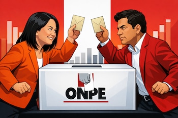 Caricatura de Keiko Fujimori (saco naranja) y Roberto Sánchez (saco rojo) frente a una urna con el logo de la ONPE, ambos con sobres de voto. Fondo con bandera peruana y barras.