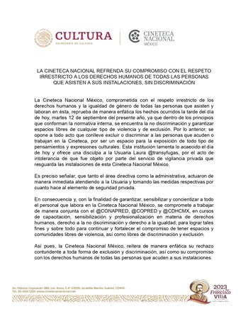 Comunicado oficial publicado por la