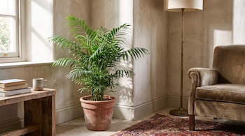 Planta Chamaedorea en maceta de terracota en un rincón. Ventana, mesa de madera con libros y taza. Lámpara de pie, sillón y alfombra estampada