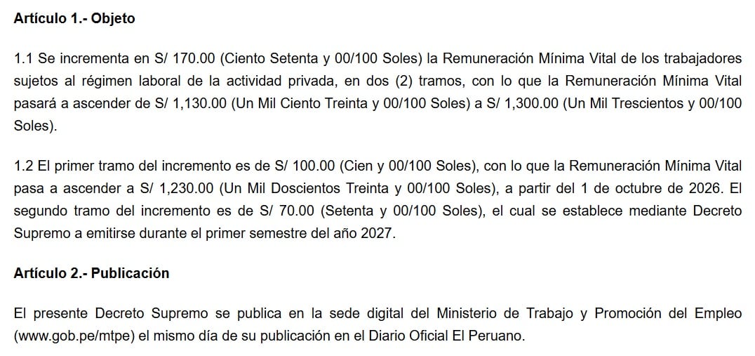 Así se aplica la medida del aumento del sueldo mínimo a S/1.300. - Crédito Captura de El Peruano