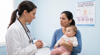 Una doctora y una madre con un bebé en un consultorio. Un cartel sobre botulismo infantil se ve en la pared detrás de ellos.