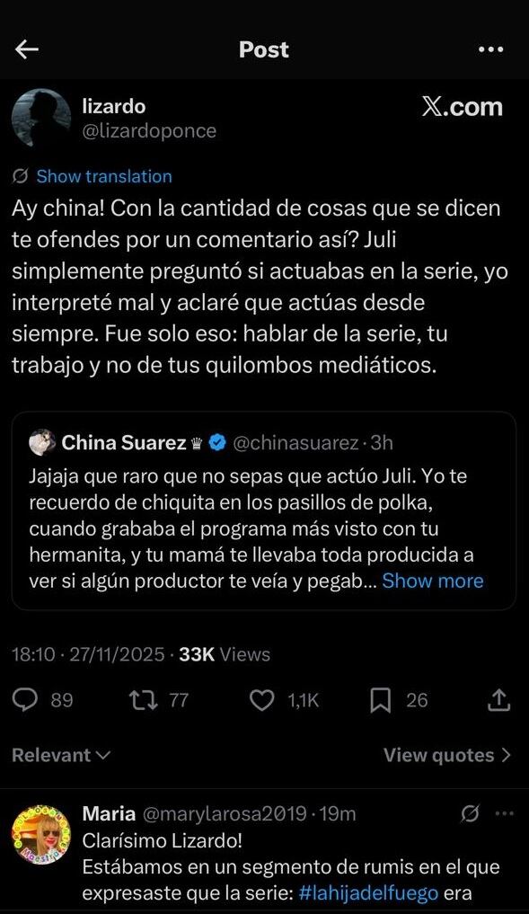 La respuesta de Lizardo Ponce ante el cruce de la China Suárez con Julieta Poggio (X)