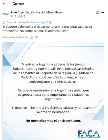 Captura de pantalla de una publicación en redes sociales del Foro Argentino Contra el Antisemitismo con un comunicado impreso en una imagen