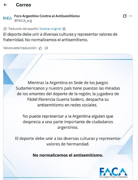 Una publicación del Foro Argentino Contra el Antisemitismo señala a la jugadora de pádel Florencia Guerra Sodero por sus dichos (FACA)