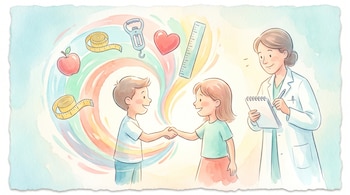 Caricatura de dos niños dándose la mano en el centro, rodeados de iconos de salud como manzana y cinta métrica, con una doctora observándolos sonriente.