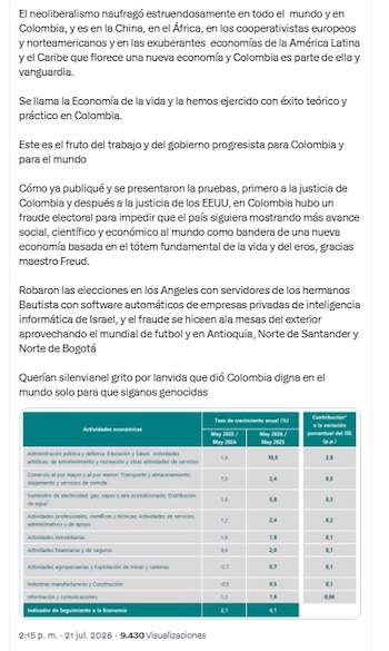 El presidente Gustavo Petro insistió en que hubo un presunto fraude electoral en los comicios del 21 de junio de 2026, los que Abelardo de la Espriella resultó ganador - crédito @petrogustavo/X