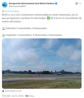 Sobre las 8:45 a. m. las condiciones climáticas empezaron a mejorar, pero las restricciones se mantenían - crédito @AeropuertoMDE / X