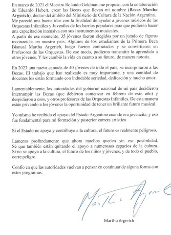 La carta de Martha Argerich