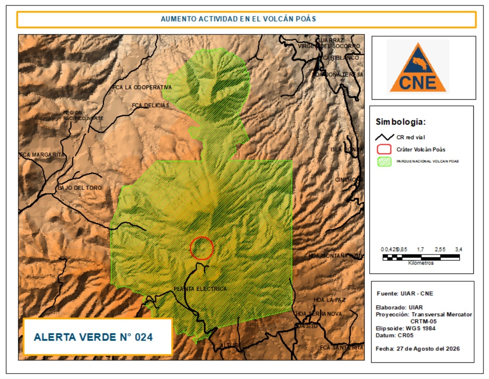 Mapa oficial que muestra el área bajo alerta verde en el Parque Nacional Volcán Poás, tras el aumento reciente de la actividad sísmica y volcánica, vigente desde el 27 de agosto de 2026 (Cortesía: CNE).
