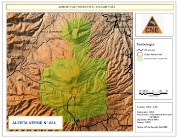 Mapa oficial que muestra el área bajo alerta verde en el Parque Nacional Volcán Poás, tras el aumento reciente de la actividad sísmica y volcánica, vigente desde el 27 de agosto de 2026 (Cortesía: CNE).