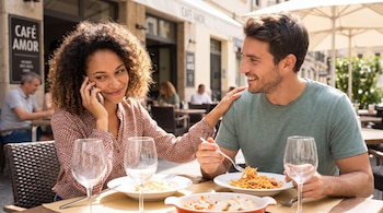 Mujer con pelo rizado sonríe en llamada, toca el hombro de un hombre que come pasta. Mesa con platos, copas de vino y cartel de café.