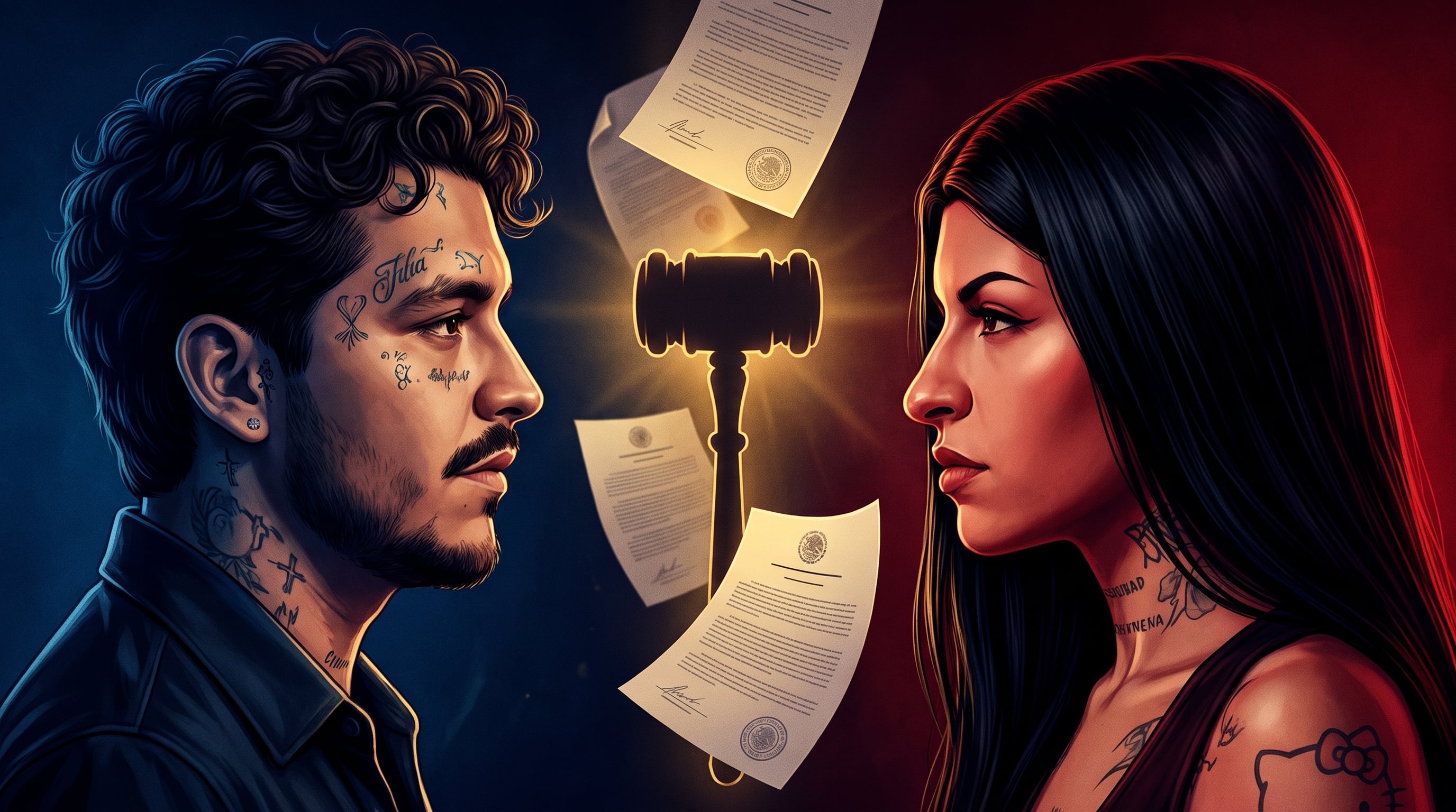 Los perfiles de Christian Nodal y Cazzu enfrentados junto a un mazo de juez y varios documentos ilustran el conflicto judicial entre ambos cantantes. (Imagen Ilustrativa Infobae)