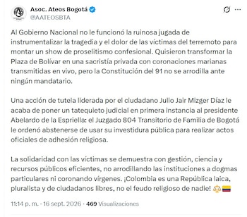 La Asociación de Ateos de Bogotá celebró el fallo judicial - crédito @AATEOSBTA/X