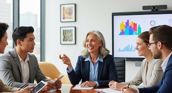 Un grupo de cinco profesionales sentados alrededor de una mesa en una sala de reuniones. Una mujer mayor de cabello gris habla, mientras los demás escuchan. Una pantalla con gráficos coloridos se ve al fondo.