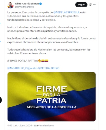 Jaime Andrés Beltrán, gerente nacional de regiones de la campaña del candidato Abelardo de la Espriella, rechazó orden de retirar la propaganda electoral que tenga símbolos patrios - crédito @soyjaimeandres/X