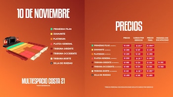 Infografía de color naranja mostrando el mapa de asientos y la tabla de precios para un concierto, con secciones como Primeras Filas, Diamante y Platinum