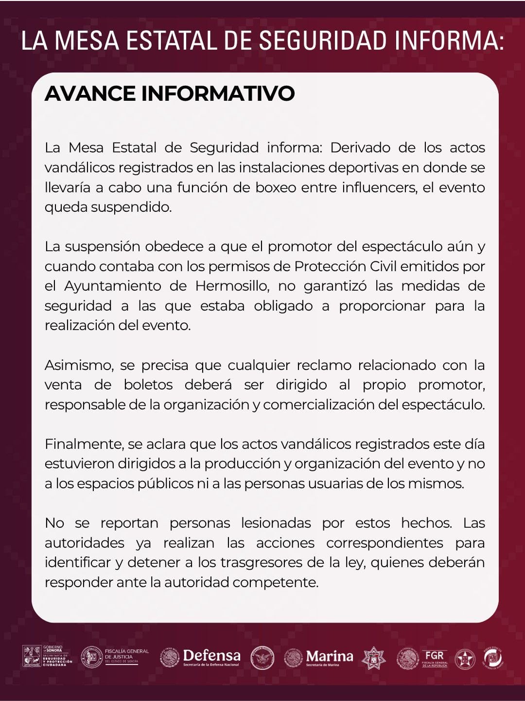 Un comunicado de la Mesa Estatal de Seguridad informa sobre la suspensión de un evento de boxeo en Hermosillo tras registrarse actos vandálicos y fallas de seguridad. (X)