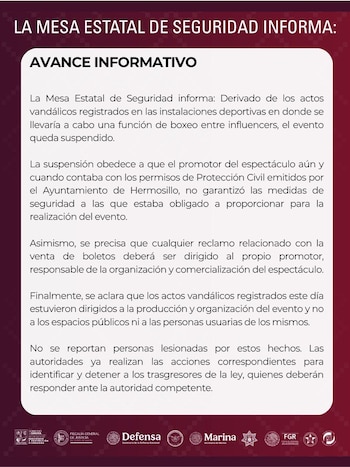 Comunicado oficial de la Mesa Estatal de Seguridad en fondo guinda con texto en blanco y logotipos institucionales en la parte inferior
