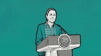 Ilustración de Claudia Sheinbaum Pardo, con el pelo recogido, sonriendo detrás de un podio con el Escudo Nacional de México, vestida de turquesa.