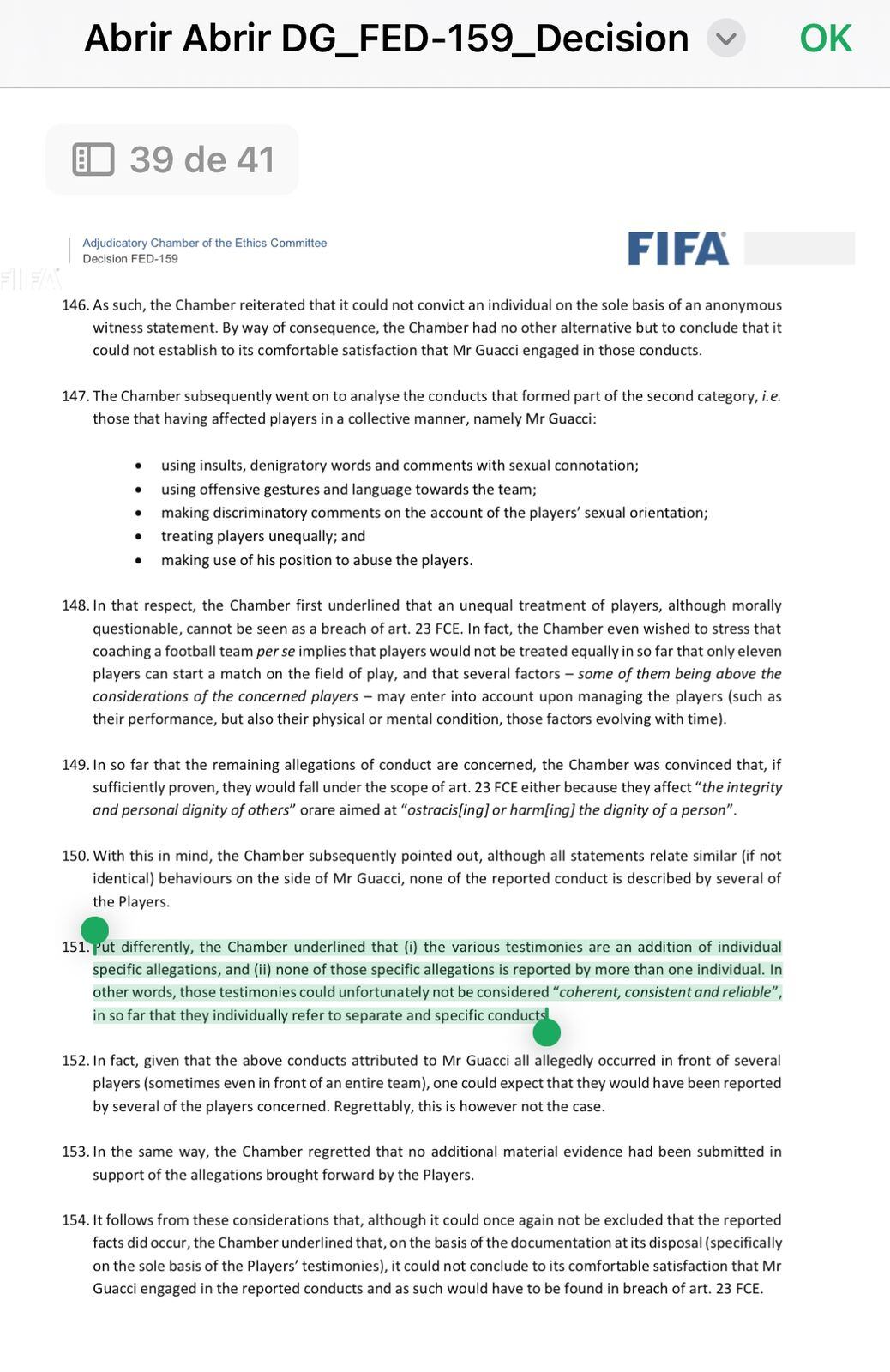 Una página de la decisión de la FIFA sobre el caso de Diego Guacci, en la cual desestima las denuncias en su contra