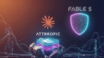 Fondo oscuro con degradado, logo naranja de ATTRROPIC y texto FABLE 5 con escudo luminoso. Rocas geométricas con líneas de neón y patrones tecnológicos.