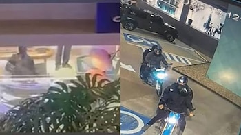 Dos imágenes de cámaras de seguridad con personas dentro de un local y cuatro motociclistas con casco en un estacionamiento exterior