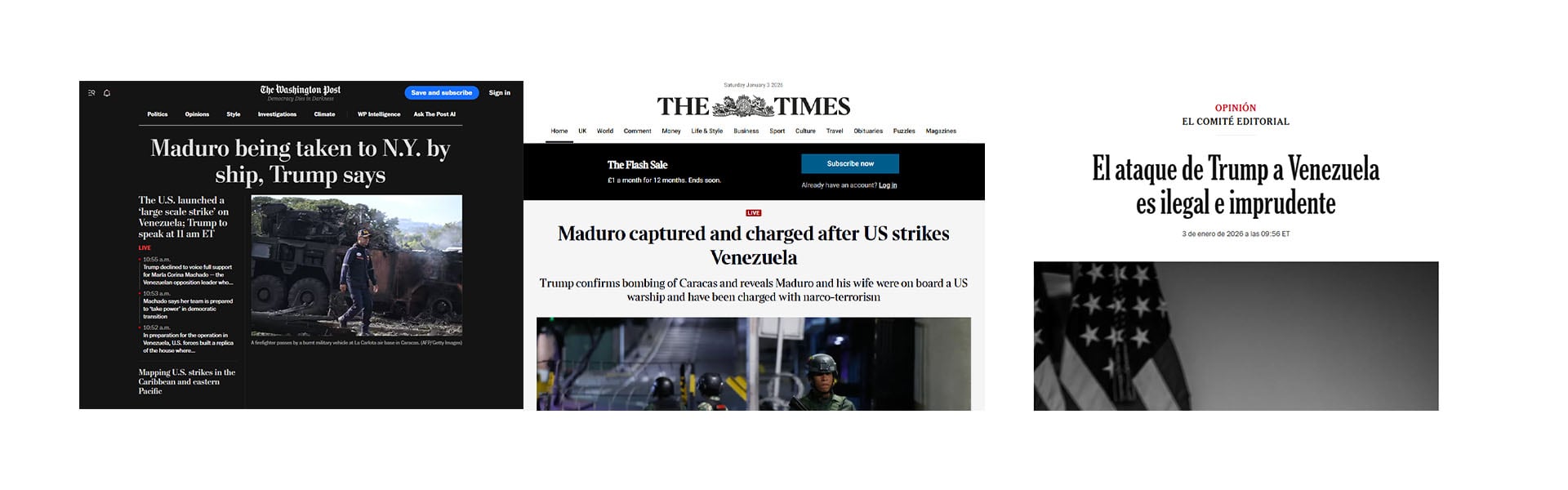 Las portadas de The Washington Post (EEUU), The Times (Reino Unido) y la nota del Comité Editorial de The New York Times (EEUU)