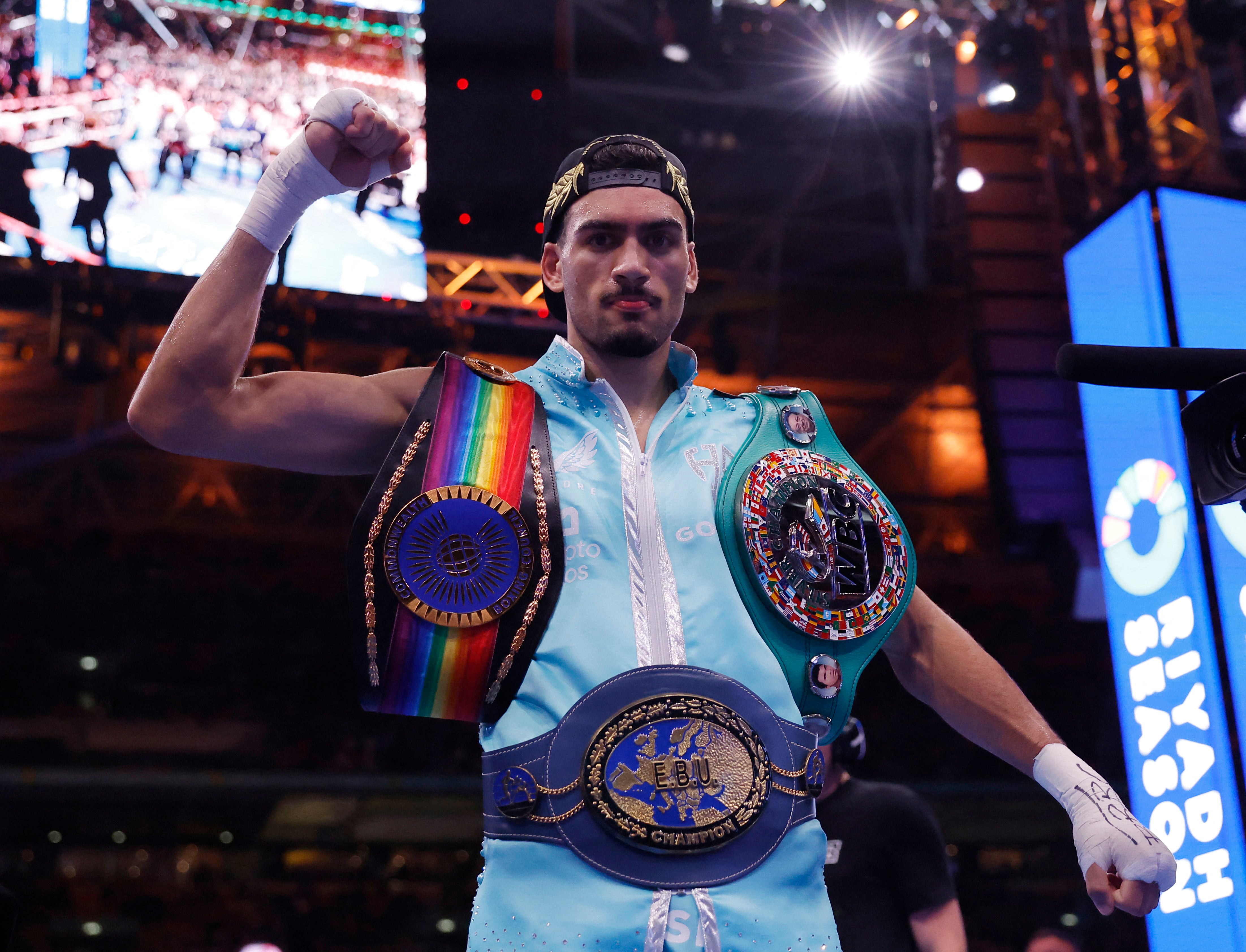 Boxing - Tyler Denny v Hamzah Sheeraz - Wembley Stadium, London, Britain - September 21, 2024 Hamzah Sheeraz celebrates after his win against Tyler Denny Action Images via Reuters/Andrew Couldridge
