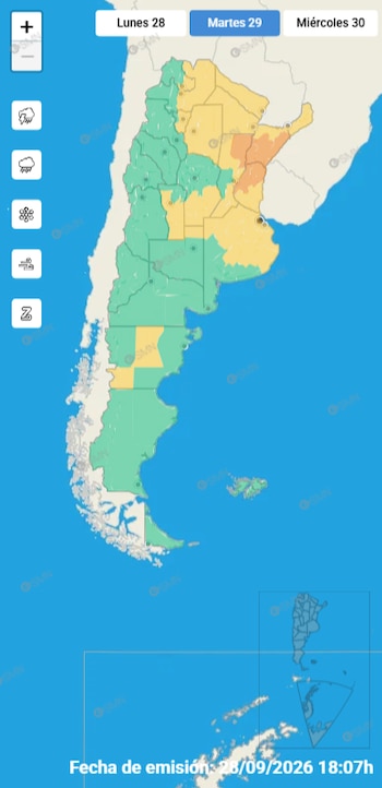 El SMN emitió la alerta el 28 de septiembre a las 18,07, con aviso naranja para el AMBA, el noreste bonaerense y el sur de Entre Ríos