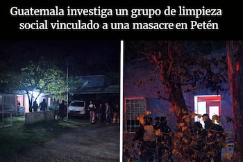 Dos escenas nocturnas muestran grupos de personas alrededor de edificios y un vehículo blanco. Hay árboles y un texto en la parte superior.