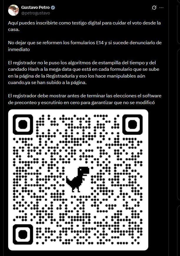 Gustavo Petro insistió en la necesidad de que la Registraduría muestre el software de preconteo y escrutinio en cero antes de terminar las elecciones - crédito @petrogustavo/X