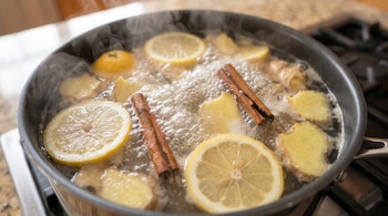 Olla a fuego lento con agua hirviendo, grandes rodajas de limón amarillo, trozos de jengibre y dos palitos de canela marrones, emitiendo vapor.