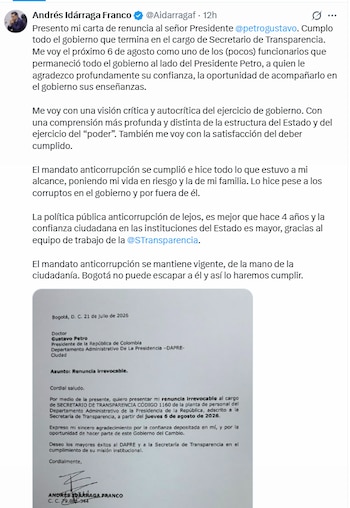 Andrés Idárraga agradeció al presidente Petro por su apoyo en el cargo - crédito @Aidarragaf/X