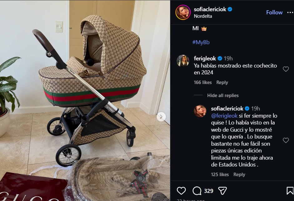 En abril, la modelo Sofía Clerici compartió en sus redes sociales la imagen de un exclusivo cochecito de bebé Gucci, una pieza de edición limitada importada desde Estados Unidos.