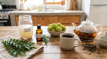 Mesa de madera con jugo de cebolla, aceite de romero, amla en tazón, hojas de curry, taza de café y tetera con té negro, frente a un mostrador de cocina.