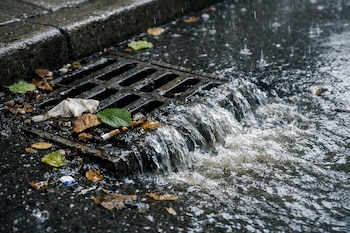 Una rejilla de drenaje urbana cubierta de hojas secas, basura y agua de lluvia que desborda hacia la calle.