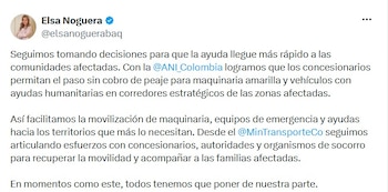 Ministerio de Transporte informó que los concesionarios mantendrán paso sin cobro de peaje para maquinaria amarilla y ayudas humanitarias en cinco corredores estratégicos afectados por el sismo - crédito @elsanoguerabaq/X