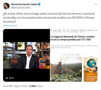 La senadora del Centro Democrático recordó que el Gobierno compró tierras por una millonaria cifra - crédito @MariaFdaCabal/X