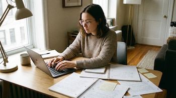Una mujer joven con lentes y suéter beige escribe en una laptop MacBook. Está sentada en un escritorio de madera con cuadernos, hojas de apuntes y una taza.