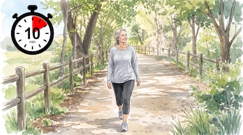 Ilustración en acuarela de una mujer caminando por un sendero de bosque y un ícono de cronómetro marcando 10 minutos.