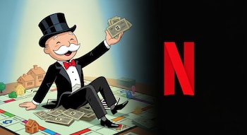 Mr. Monopoly con galera y corbatín sentado sobre billetes y casas de Monopoly, junto al tablero y el logo rojo de Netflix en fondo oscuro.