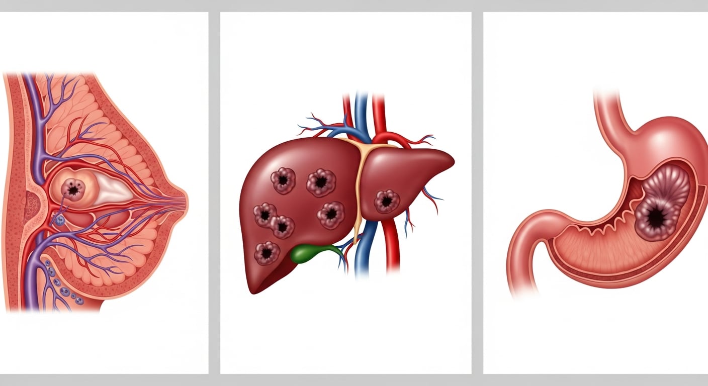 La imagen muestra ilustraciones médicas detalladas de cáncer en la mama, el hígado y el estómago, destacando la anatomía afectada y la presencia de tumores. (Imagen Ilustrativa Infobae)