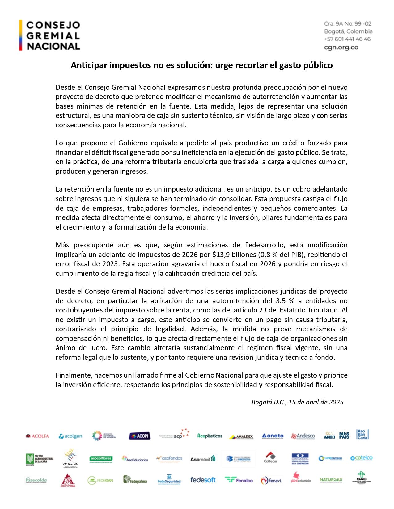 El Consejo Gremial Nacional hizo un llamado firme al Gobierno Nacional para que ajuste el gasto y priorice la inversión eficiente - crédito Consejo Gremial Nacional