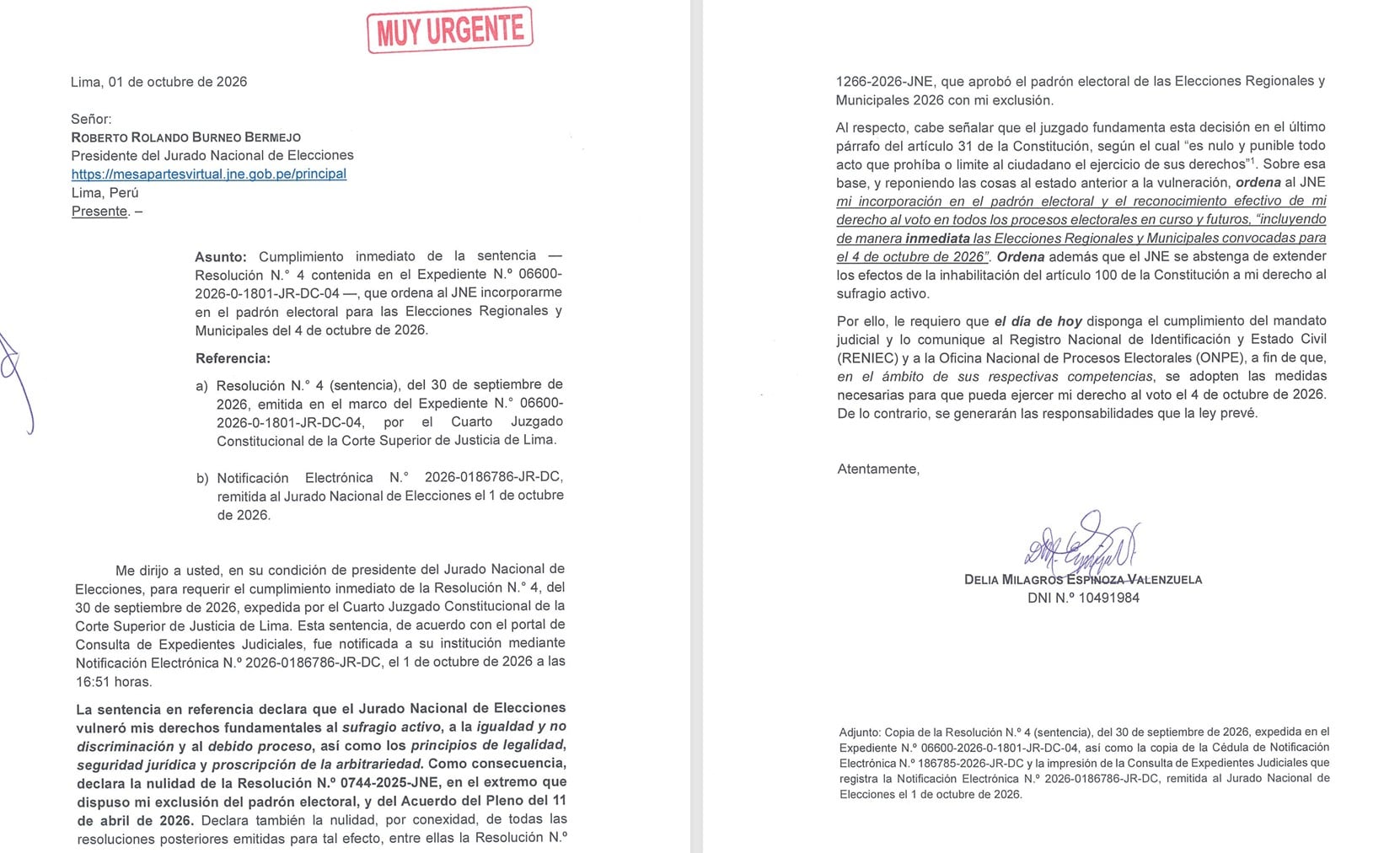 Un oficio sellado con la leyenda muy urgente solicita al Jurado Nacional de Elecciones la reincorporación de Delia Espinoza al padrón electoral en Perú.