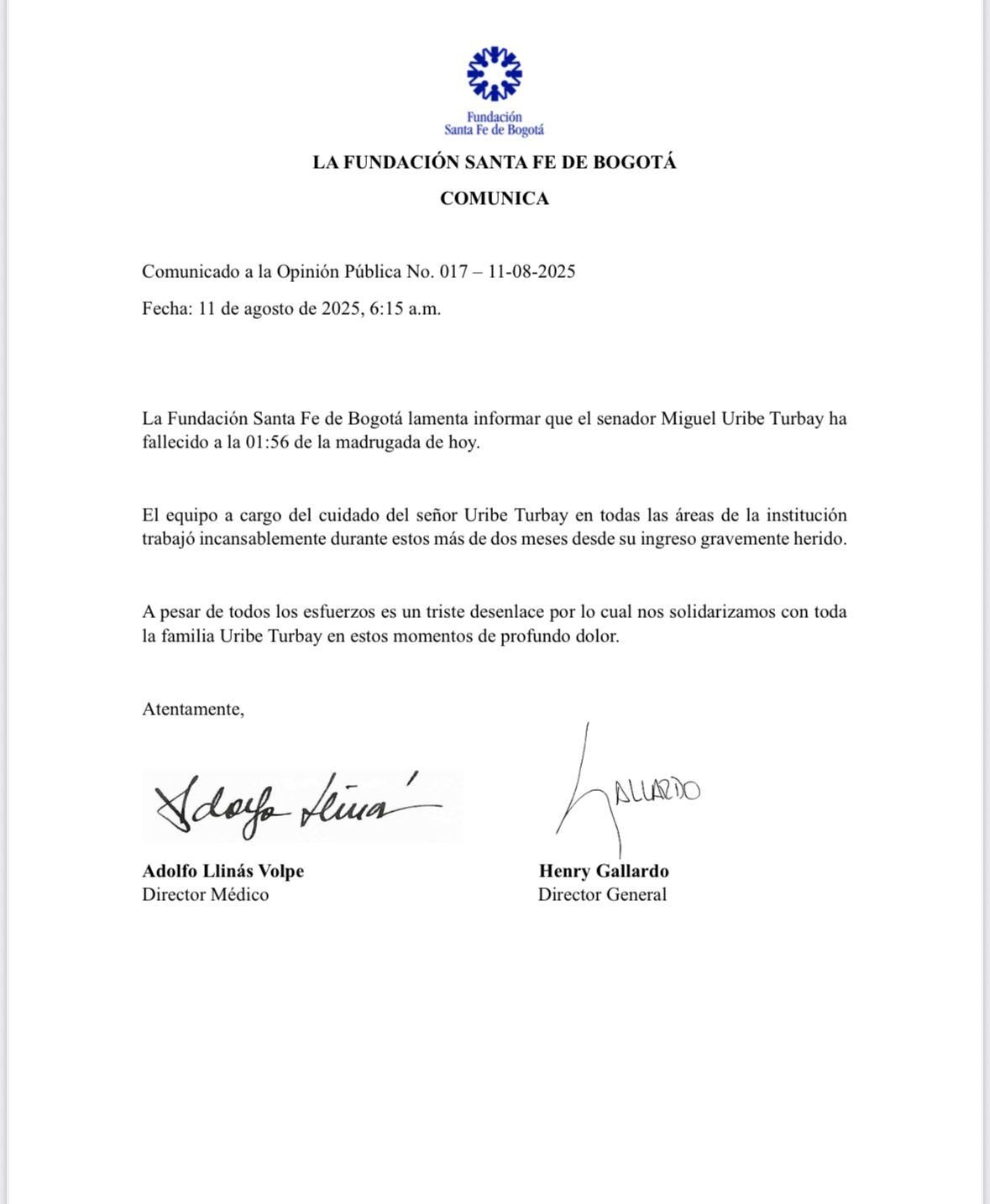 Este fue el reporte oficial de la Fundación Santa Fe tras el deceso del precandidato presidencial y senador del Centro Democrático - crédito suministrado a Infobae Colombia
